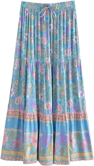 Women Summer Tassel Elastic Waist Skirt Floral Printed Rayon Beach Bohemian Pleated Maxi Skirts