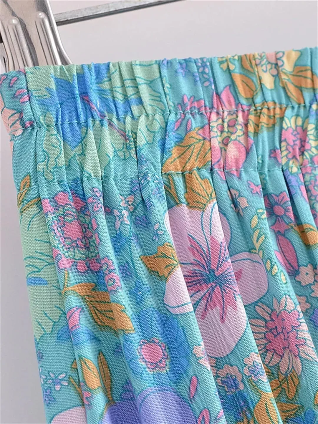 Women Summer Tassel Elastic Waist Skirt Floral Printed Rayon Beach Bohemian Pleated Maxi Skirts