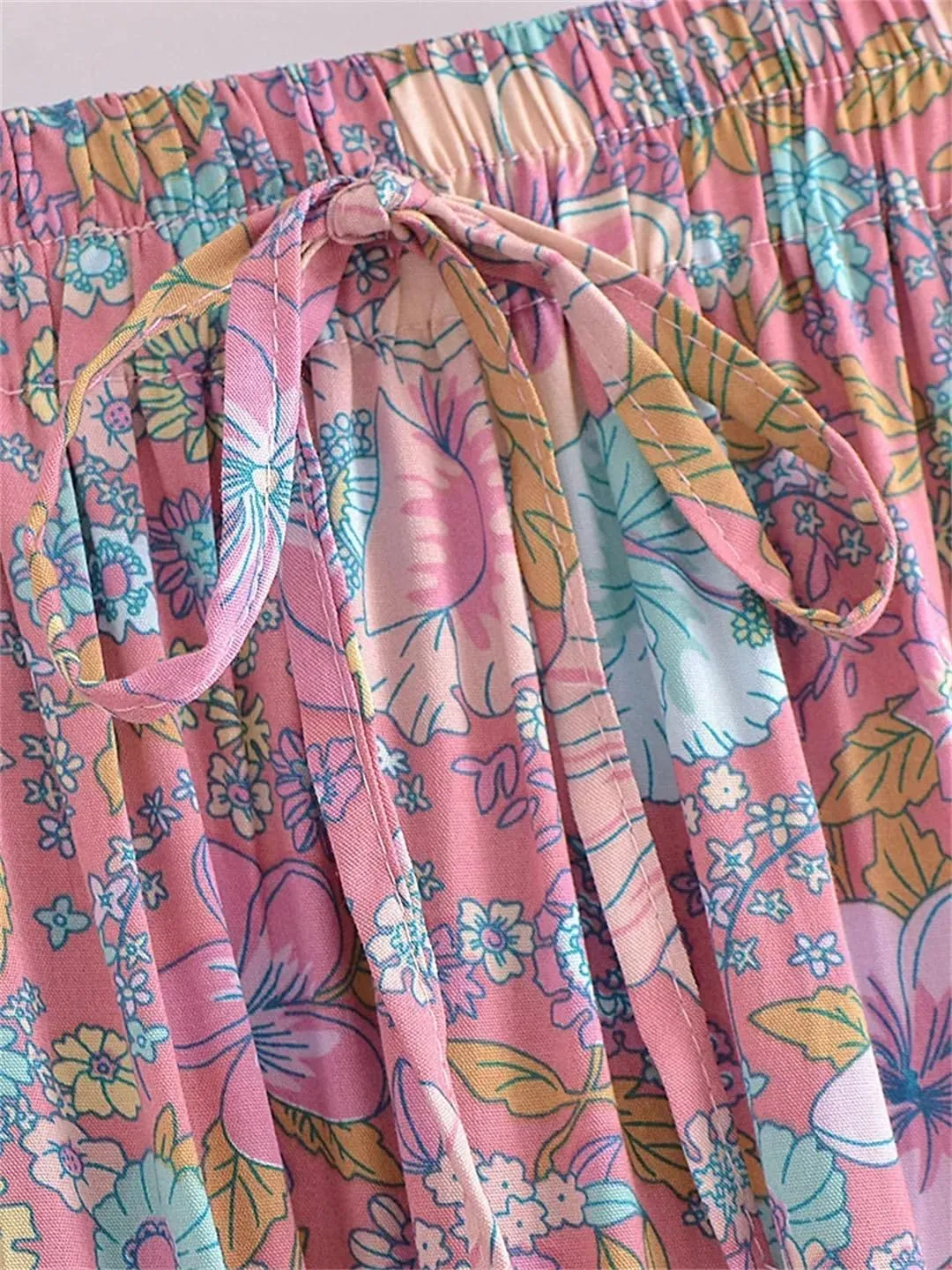 Women Summer Tassel Elastic Waist Skirt Floral Printed Rayon Beach Bohemian Pleated Maxi Skirts