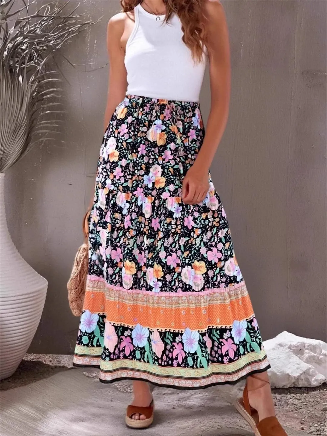 Women Summer Tassel Elastic Waist Skirt Floral Printed Rayon Beach Bohemian Pleated Maxi Skirts