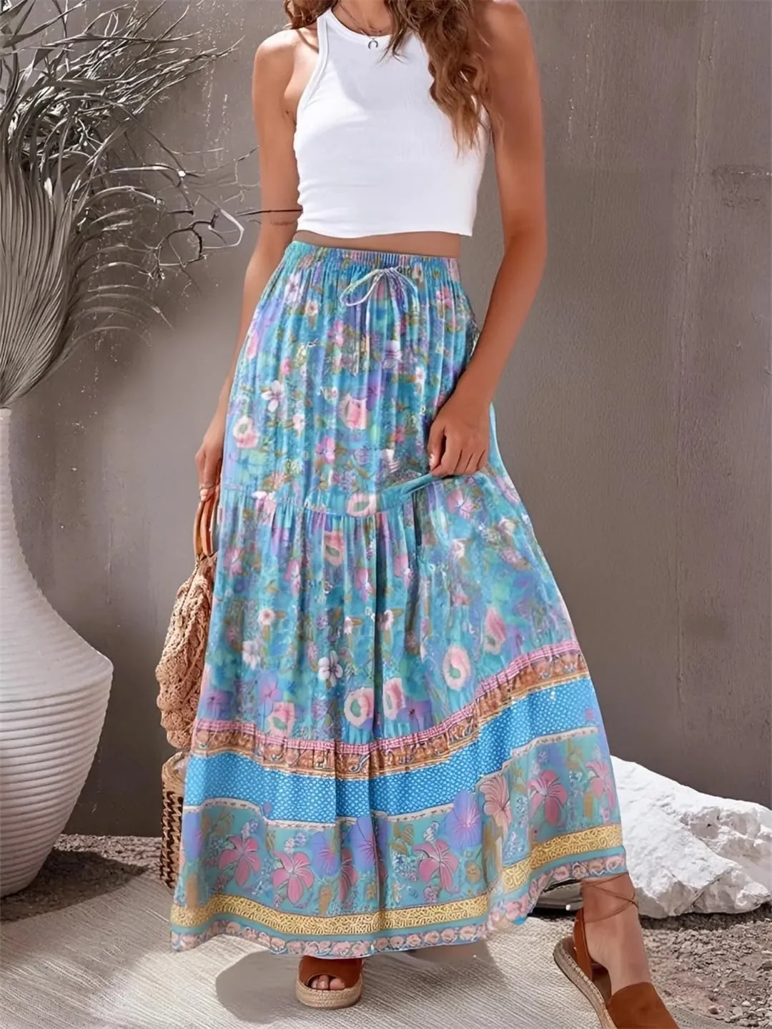 Women Summer Tassel Elastic Waist Skirt Floral Printed Rayon Beach Bohemian Pleated Maxi Skirts