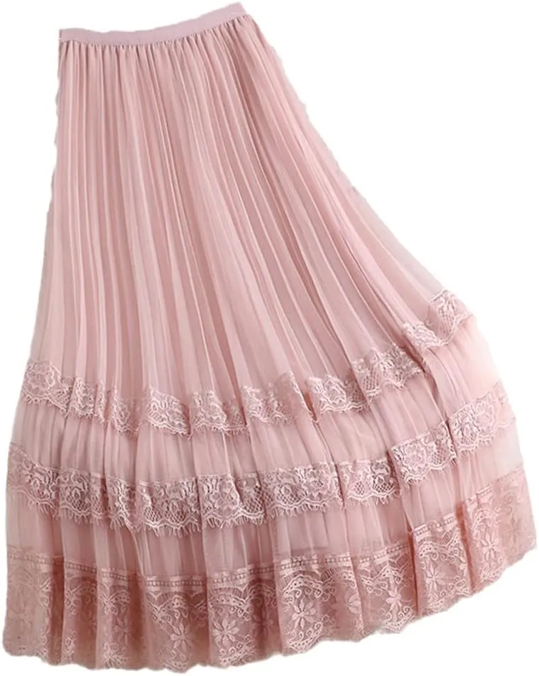 Women Tulle Midi Skirts Lining Mesh Lace Patchwork Dance Bridesmaids Skirt