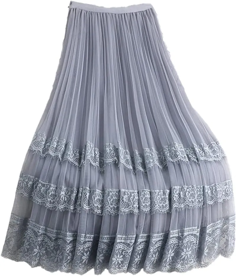Women Tulle Midi Skirts Lining Mesh Lace Patchwork Dance Bridesmaids Skirt