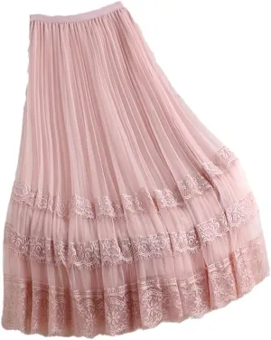 Women Tulle Midi Skirts Lining Mesh Lace Patchwork Dance Bridesmaids Skirt