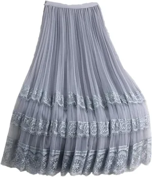Women Tulle Midi Skirts Lining Mesh Lace Patchwork Dance Bridesmaids Skirt
