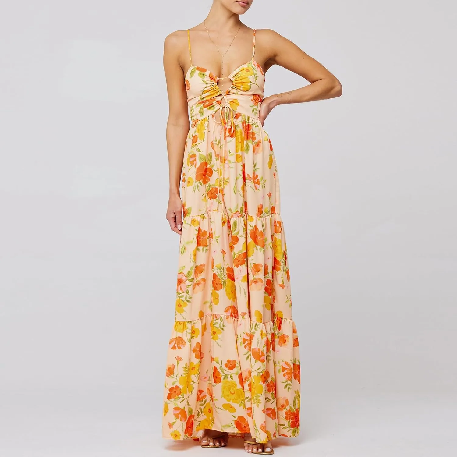 Women Y2k Boho Maxi Floral Print Dress Spaghetti Strap Front Tie Up Dresses Flowy Cami Beach Vacation Sundress