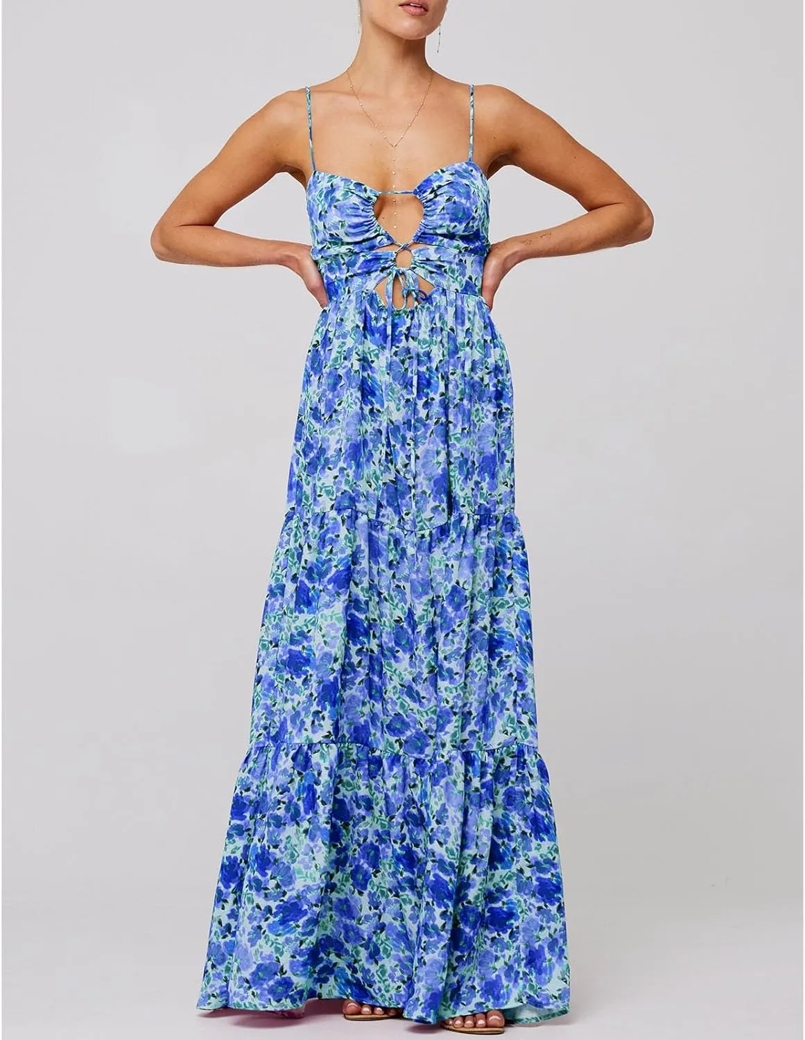 Women Y2k Boho Maxi Floral Print Dress Spaghetti Strap Front Tie Up Dresses Flowy Cami Beach Vacation Sundress