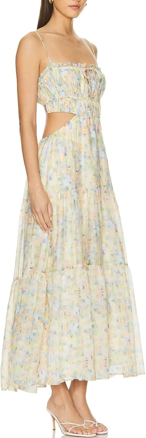 Women Y2k Boho Maxi Floral Print Dress Spaghetti Strap Front Tie Up Dresses Flowy Cami Beach Vacation Sundress