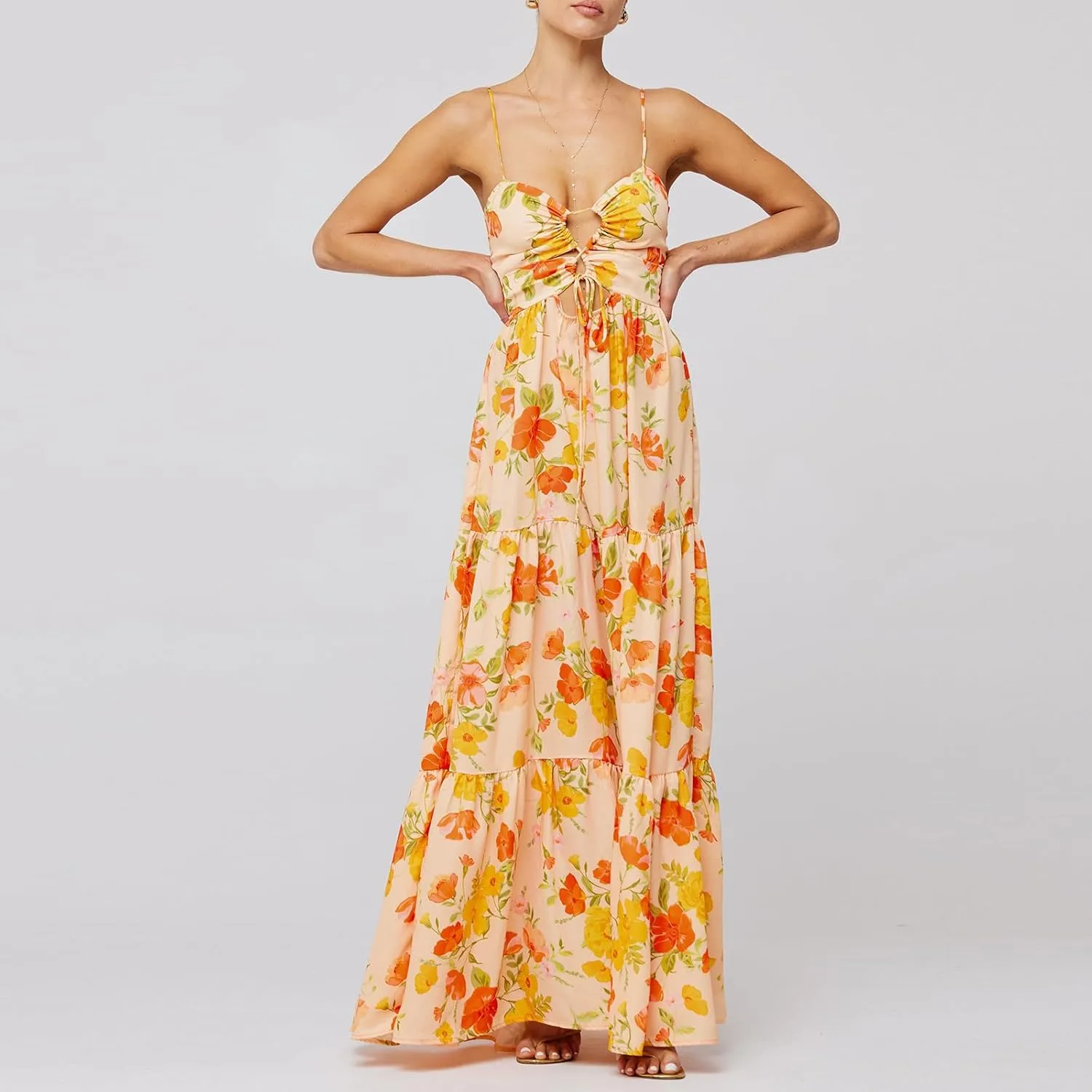 Women Y2k Boho Maxi Floral Print Dress Spaghetti Strap Front Tie Up Dresses Flowy Cami Beach Vacation Sundress