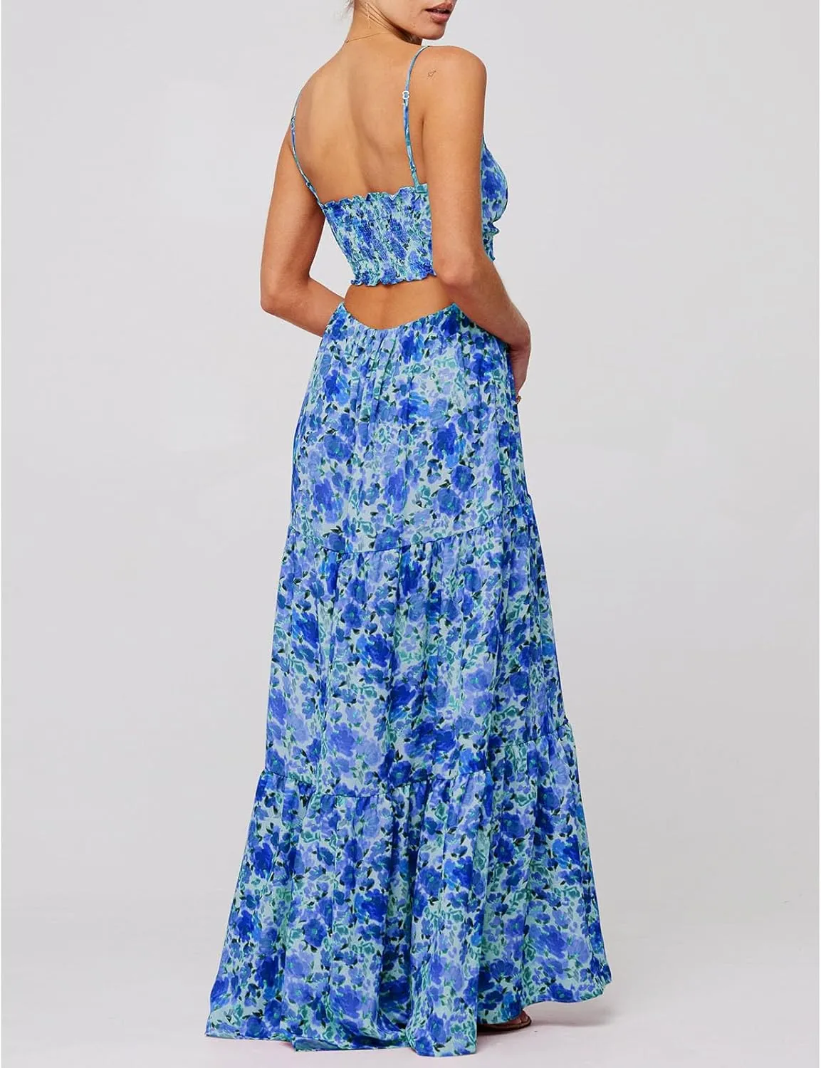 Women Y2k Boho Maxi Floral Print Dress Spaghetti Strap Front Tie Up Dresses Flowy Cami Beach Vacation Sundress