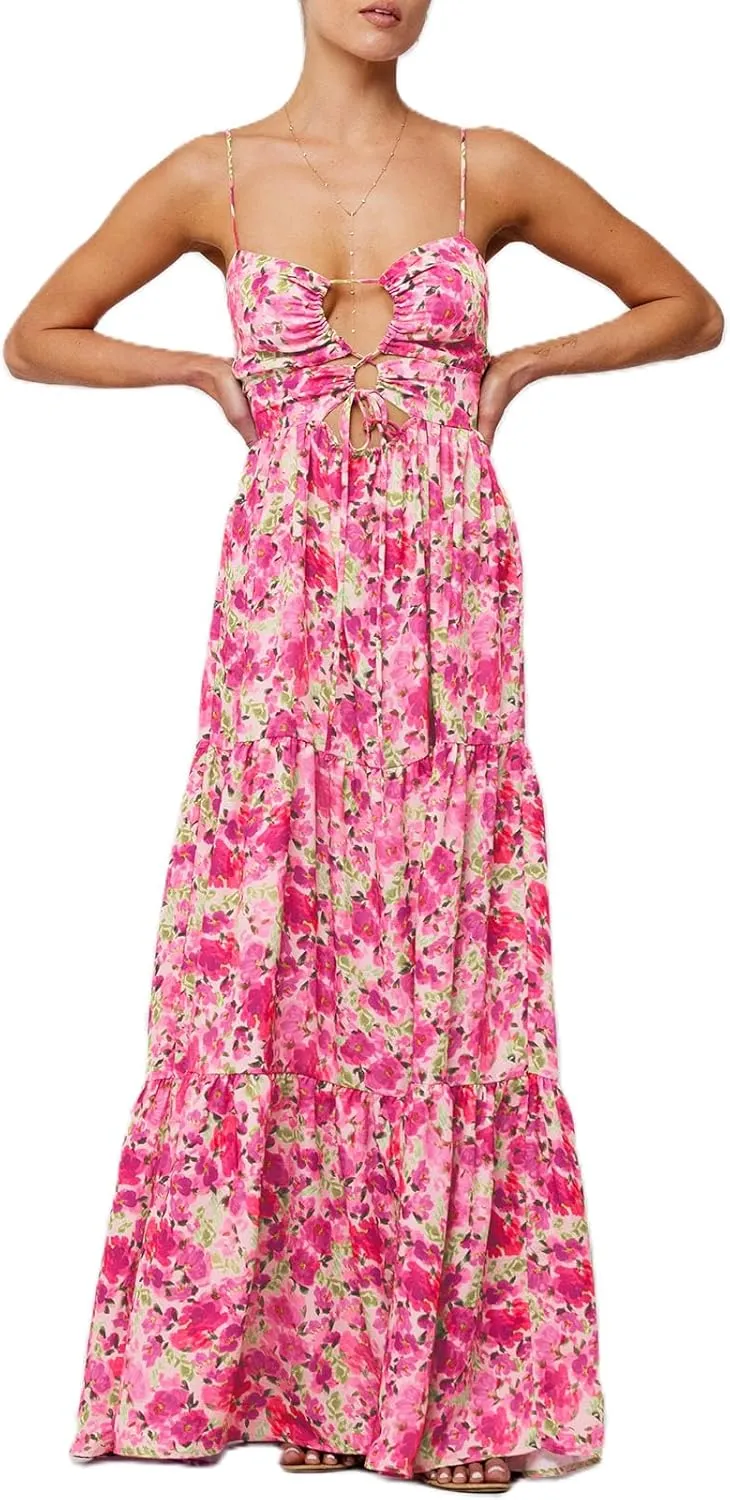 Women Y2k Boho Maxi Floral Print Dress Spaghetti Strap Front Tie Up Dresses Flowy Cami Beach Vacation Sundress
