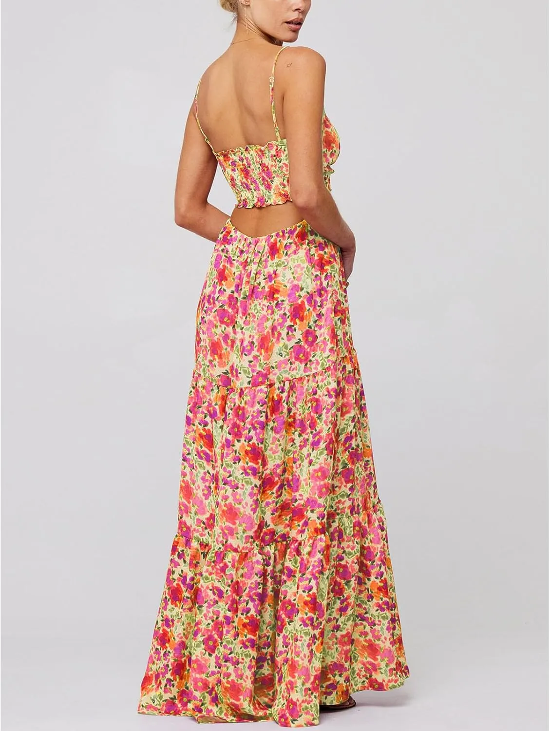 Women Y2k Boho Maxi Floral Print Dress Spaghetti Strap Front Tie Up Dresses Flowy Cami Beach Vacation Sundress