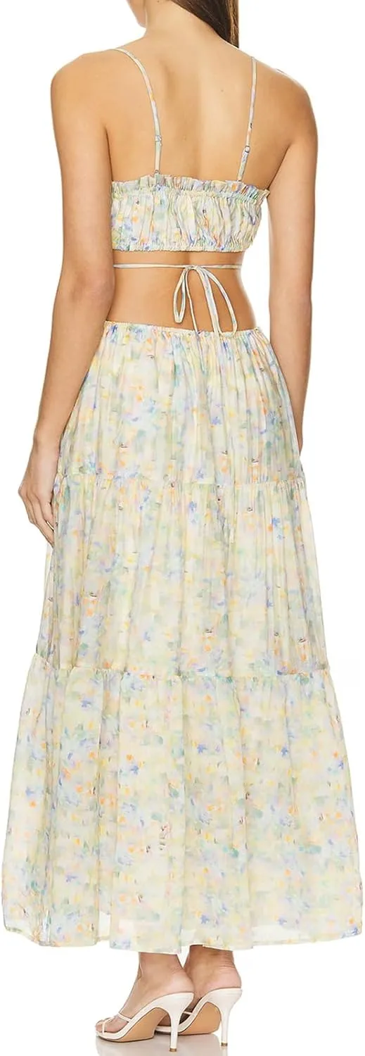 Women Y2k Boho Maxi Floral Print Dress Spaghetti Strap Front Tie Up Dresses Flowy Cami Beach Vacation Sundress