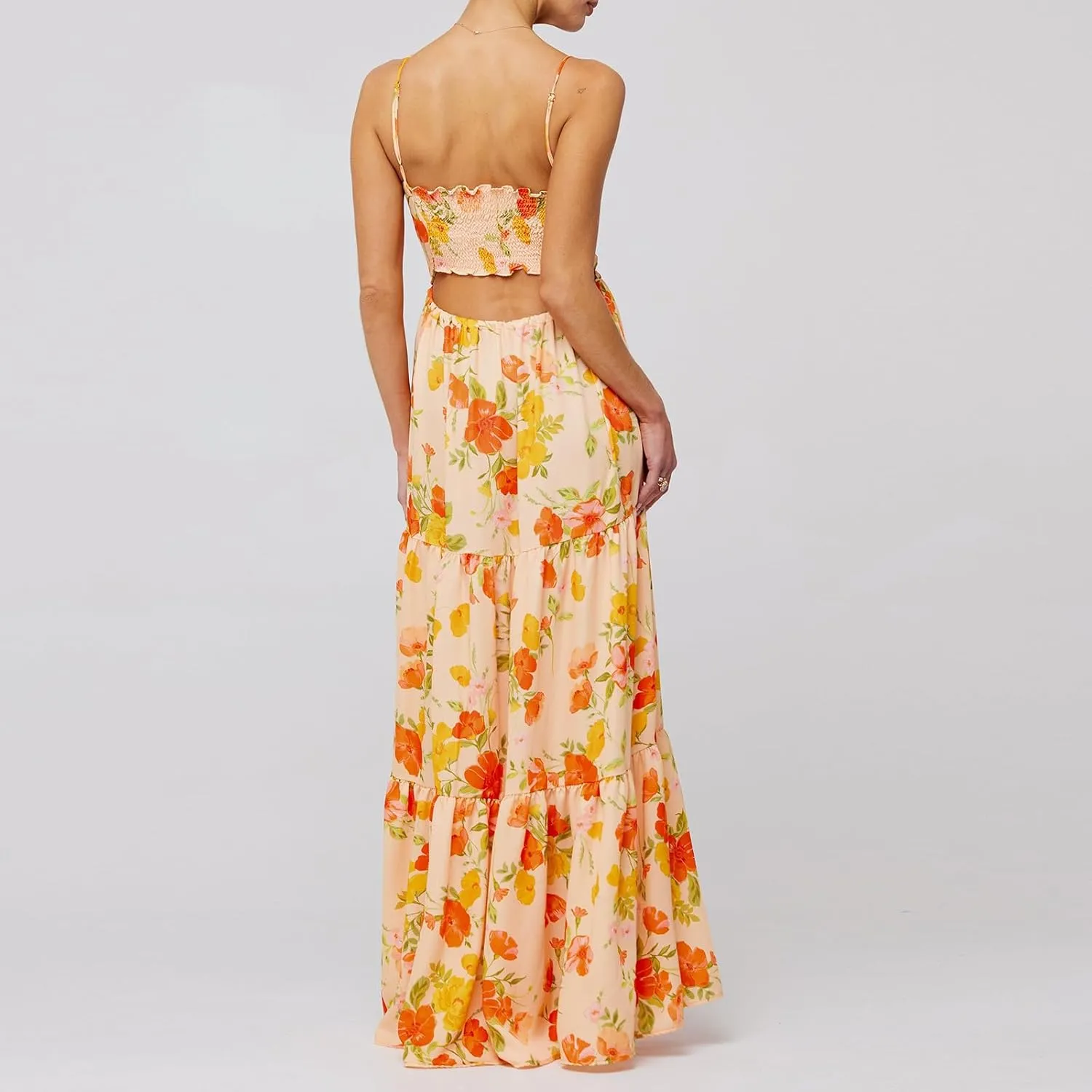 Women Y2k Boho Maxi Floral Print Dress Spaghetti Strap Front Tie Up Dresses Flowy Cami Beach Vacation Sundress
