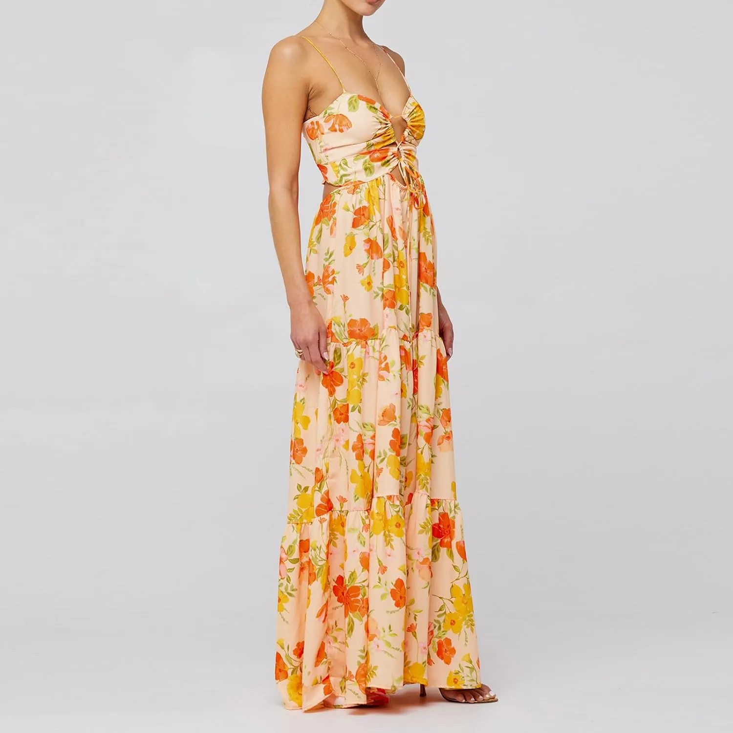 Women Y2k Boho Maxi Floral Print Dress Spaghetti Strap Front Tie Up Dresses Flowy Cami Beach Vacation Sundress