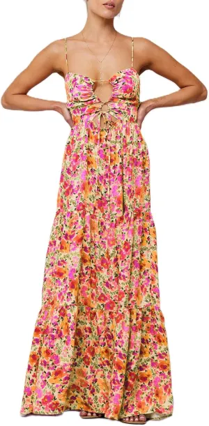 Women Y2k Boho Maxi Floral Print Dress Spaghetti Strap Front Tie Up Dresses Flowy Cami Beach Vacation Sundress