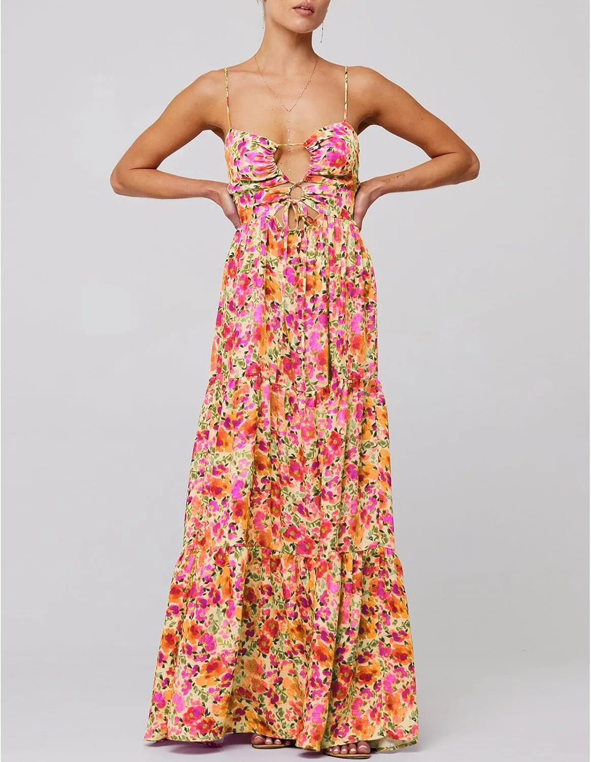 Women Y2k Boho Maxi Floral Print Dress Spaghetti Strap Front Tie Up Dresses Flowy Cami Beach Vacation Sundress