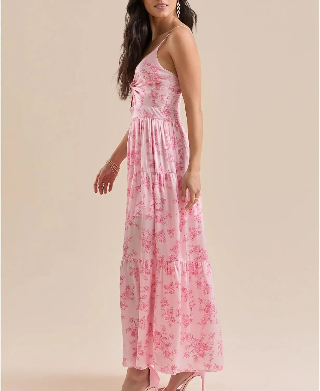 Women Y2k Boho Maxi Floral Print Dress Spaghetti Strap Front Tie Up Dresses Flowy Cami Beach Vacation Sundress
