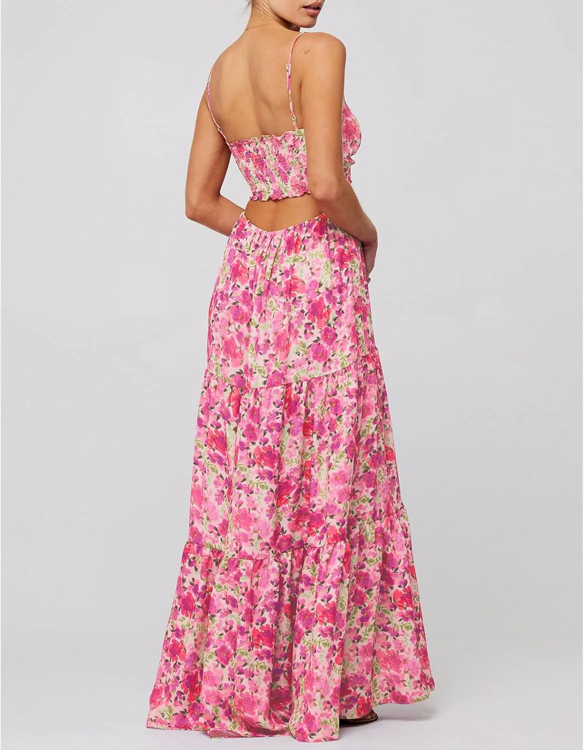 Women Y2k Boho Maxi Floral Print Dress Spaghetti Strap Front Tie Up Dresses Flowy Cami Beach Vacation Sundress