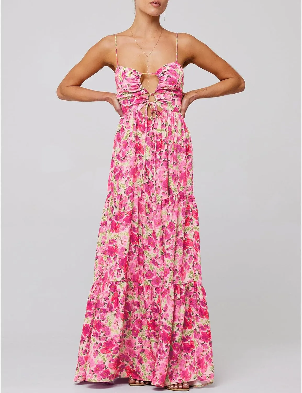 Women Y2k Boho Maxi Floral Print Dress Spaghetti Strap Front Tie Up Dresses Flowy Cami Beach Vacation Sundress