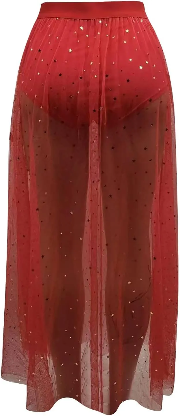 Women's 2 in 1 Sheer Mesh High Waist Galaxy Print A Line Maxi Skirt Satin Midi Skirts
