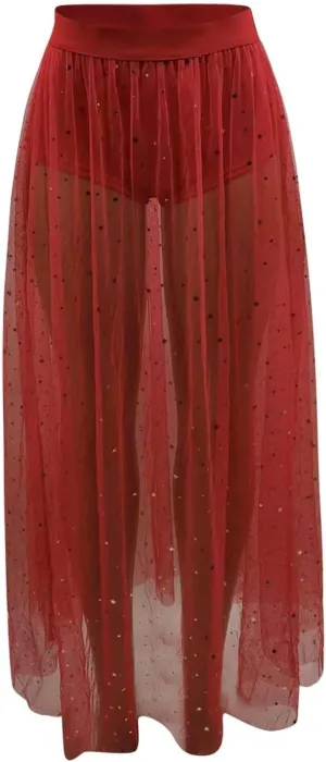 Women's 2 in 1 Sheer Mesh High Waist Galaxy Print A Line Maxi Skirt Satin Midi Skirts