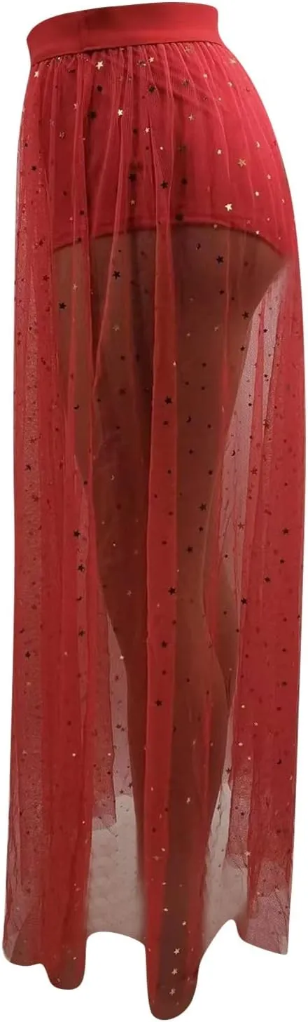 Women's 2 in 1 Sheer Mesh High Waist Galaxy Print A Line Maxi Skirt Satin Midi Skirts