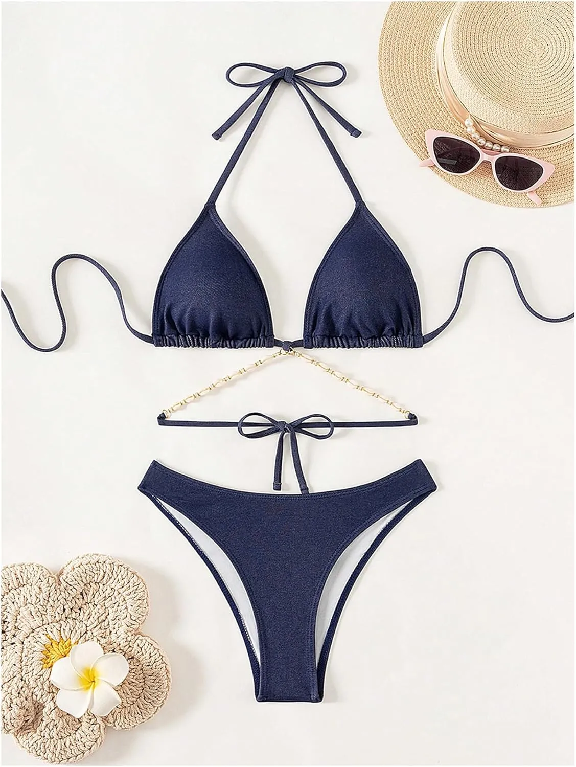 Women's 2 Piece Halter String Bikini Sets Backless Shell High Cut Swimsuit Bathing Suit