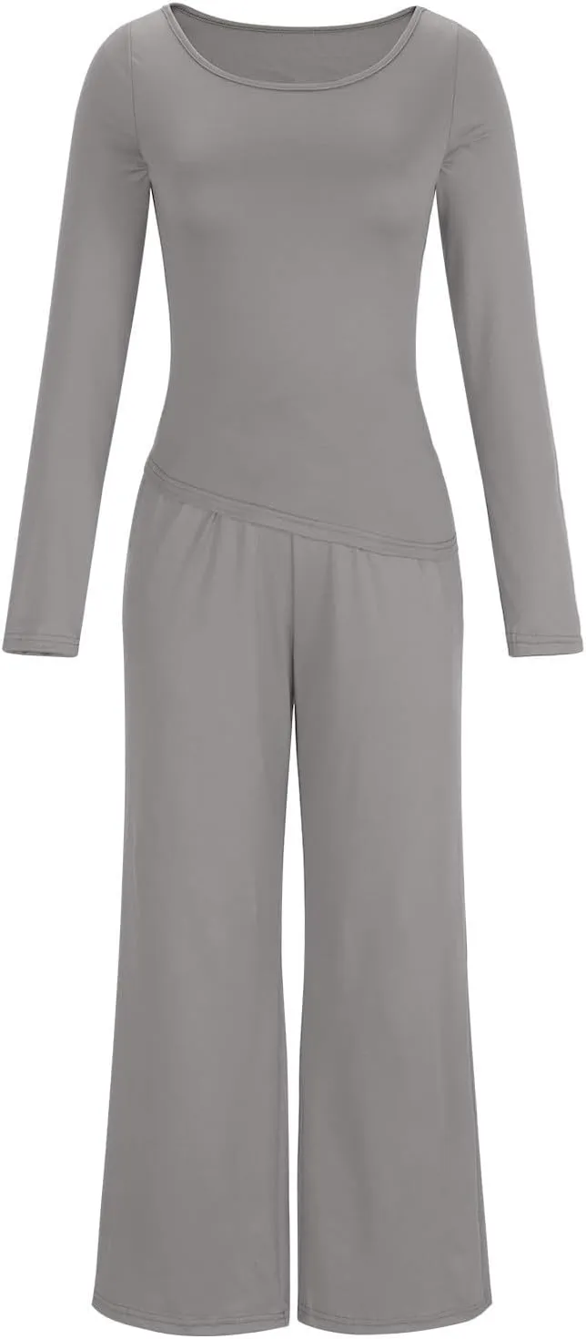 Women's 2 Piece Lounge Sets Asymmetrical Long Sleeve Two Piece Outfits Casual Wide Leg Jogger Set Cozy Loungewear