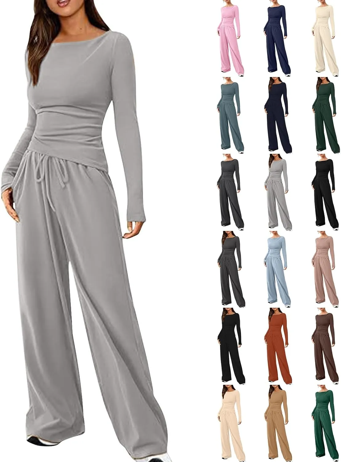 Women's 2 Piece Lounge Sets Asymmetrical Long Sleeve Two Piece Outfits Casual Wide Leg Jogger Set Cozy Loungewear