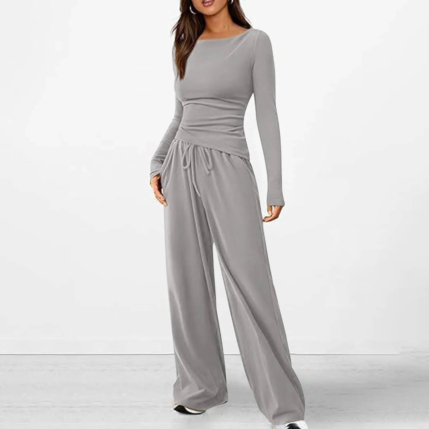 Women's 2 Piece Lounge Sets Asymmetrical Long Sleeve Two Piece Outfits Casual Wide Leg Jogger Set Cozy Loungewear