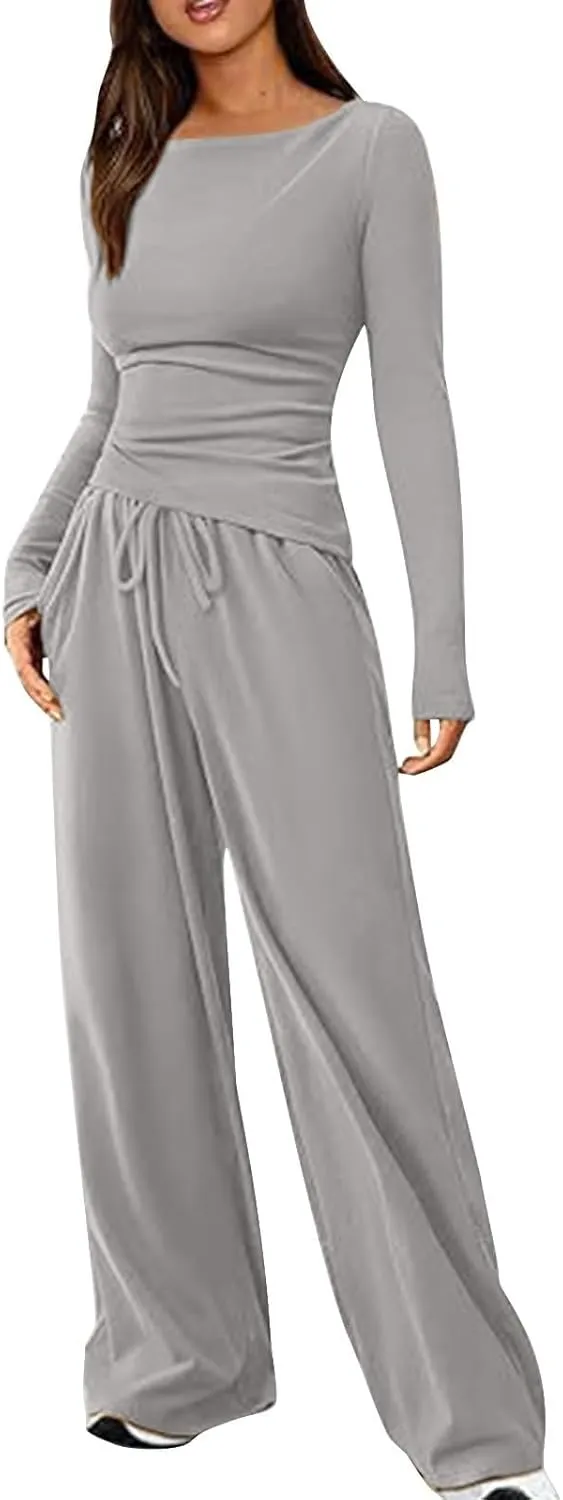 Women's 2 Piece Lounge Sets Asymmetrical Long Sleeve Two Piece Outfits Casual Wide Leg Jogger Set Cozy Loungewear