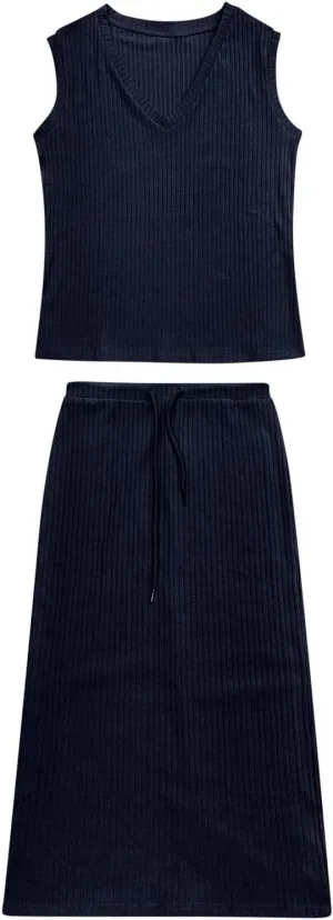 Women's 2 Piece Sweater Skirt Sets Sleeveless V Neck Knit Ribbed Vest Tops Midi Skirt Plus Size Skirt