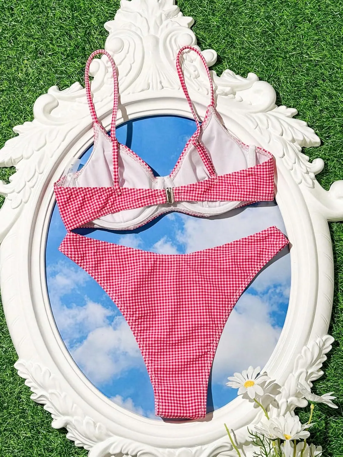 Women's 2 Piece Y2K Gingham Bow Front Bikini Set Underwire Bikini Thong Swimsuit High Waisted Bathing Suit Beachwear