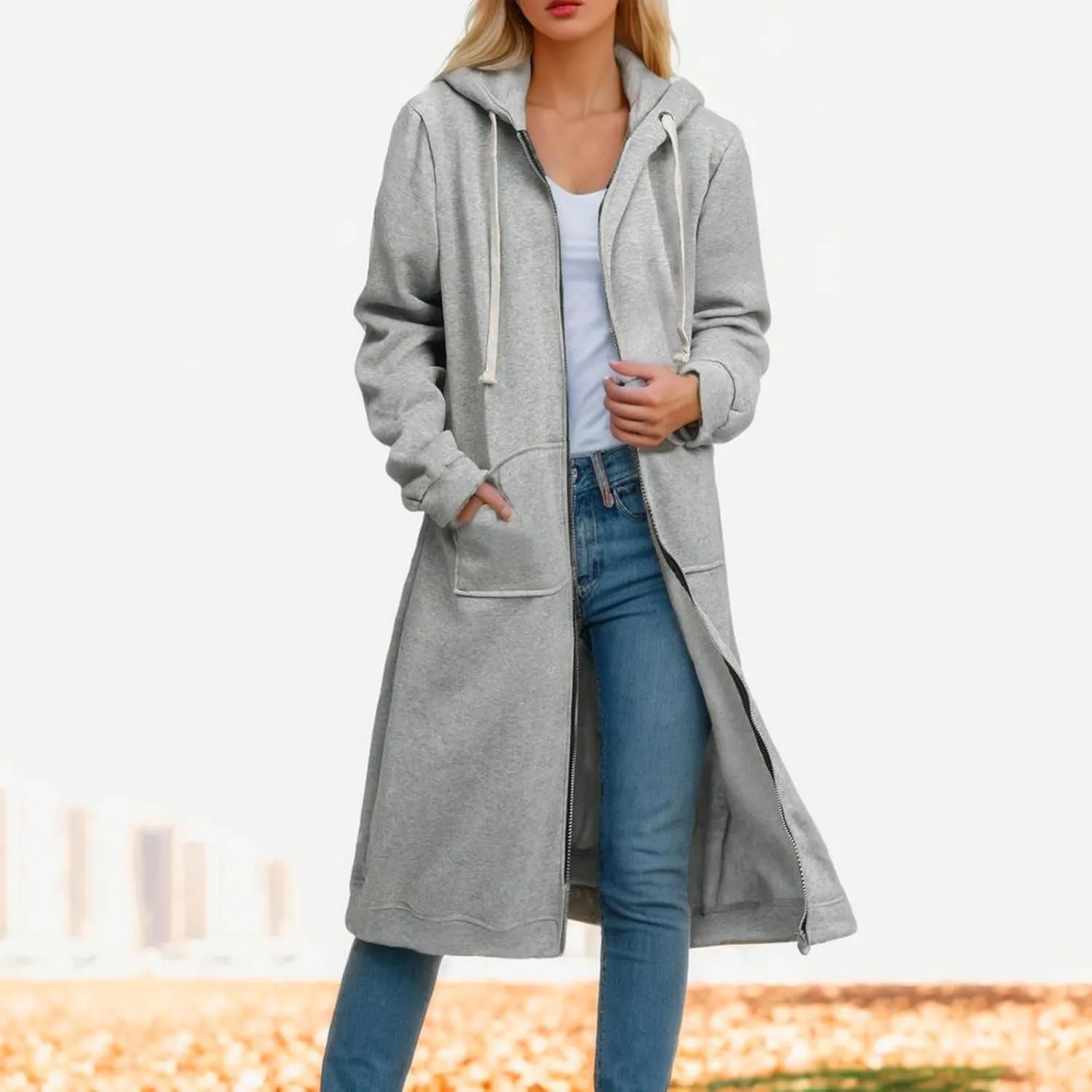 Womens 2024 Elegant Temperament Full Zip Overcoat Long Sleeve Slim Hooded Outwear Drawstring Casual Soft Jacket Coat