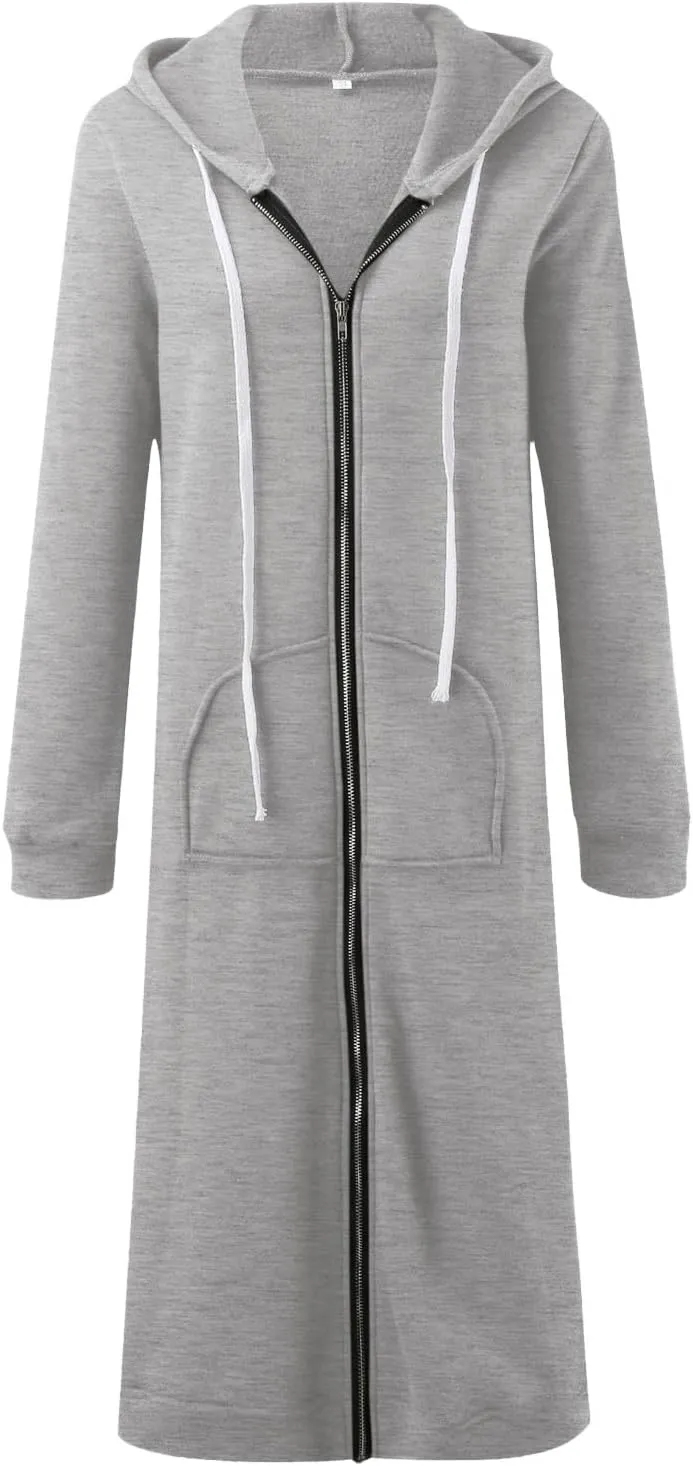 Womens 2024 Elegant Temperament Full Zip Overcoat Long Sleeve Slim Hooded Outwear Drawstring Casual Soft Jacket Coat