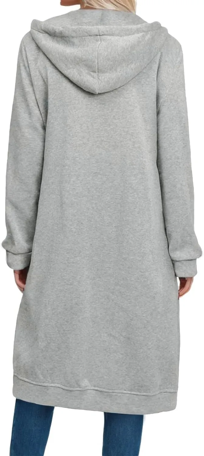 Womens 2024 Elegant Temperament Full Zip Overcoat Long Sleeve Slim Hooded Outwear Drawstring Casual Soft Jacket Coat