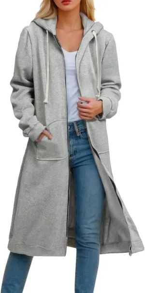 Womens 2024 Elegant Temperament Full Zip Overcoat Long Sleeve Slim Hooded Outwear Drawstring Casual Soft Jacket Coat