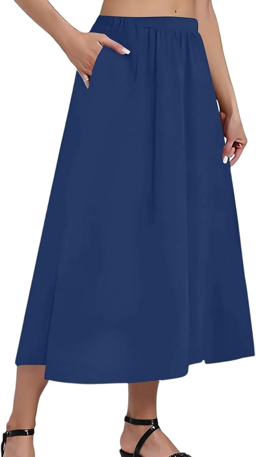 Women's 2025 Spring Summer Stretch Waist Casual Flowy Swing Smocked A Line Beach Long Skirts, S-2XL