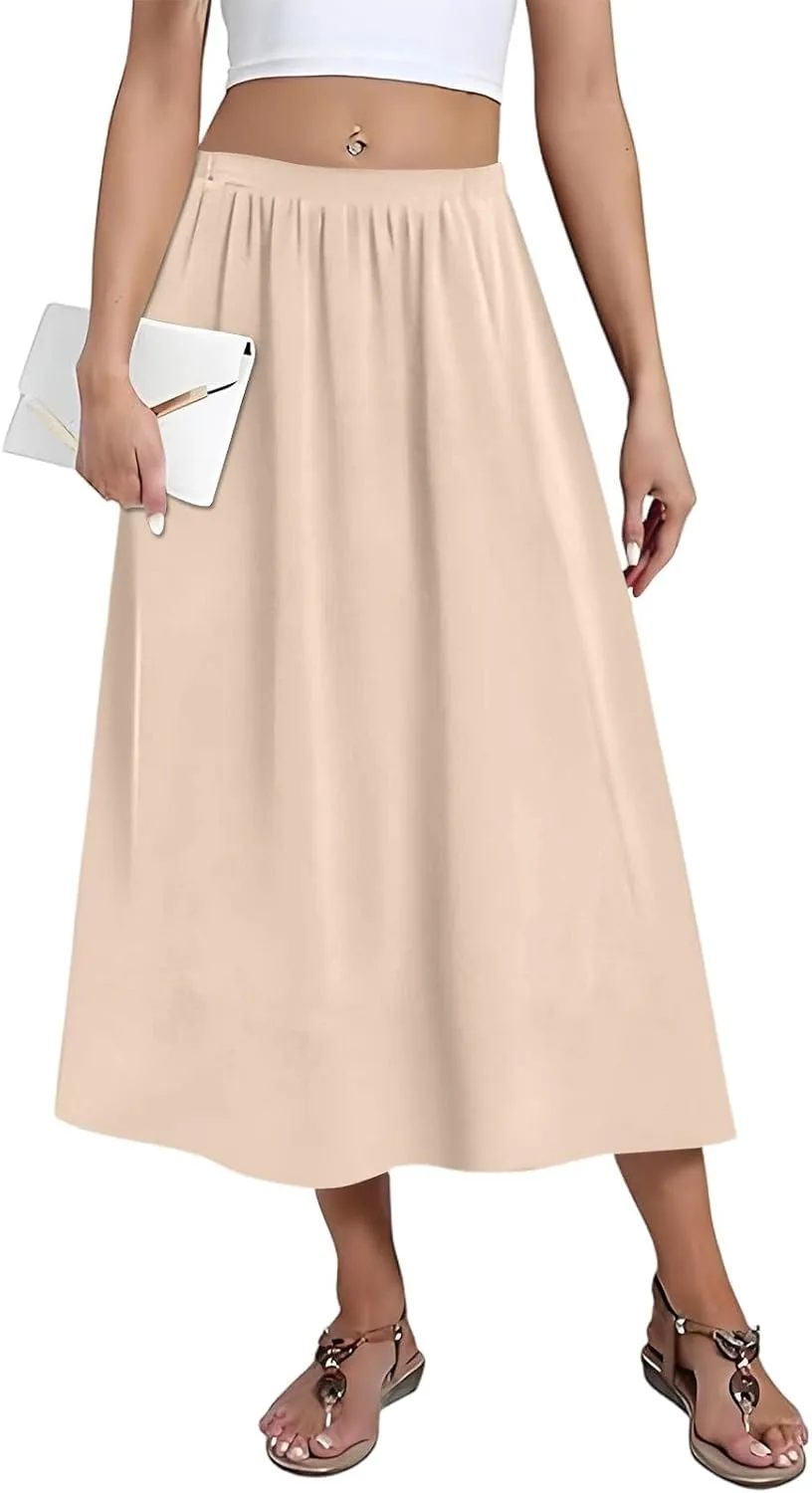 Women's 2025 Spring Summer Stretch Waist Casual Flowy Swing Smocked A Line Beach Long Skirts, S-2XL