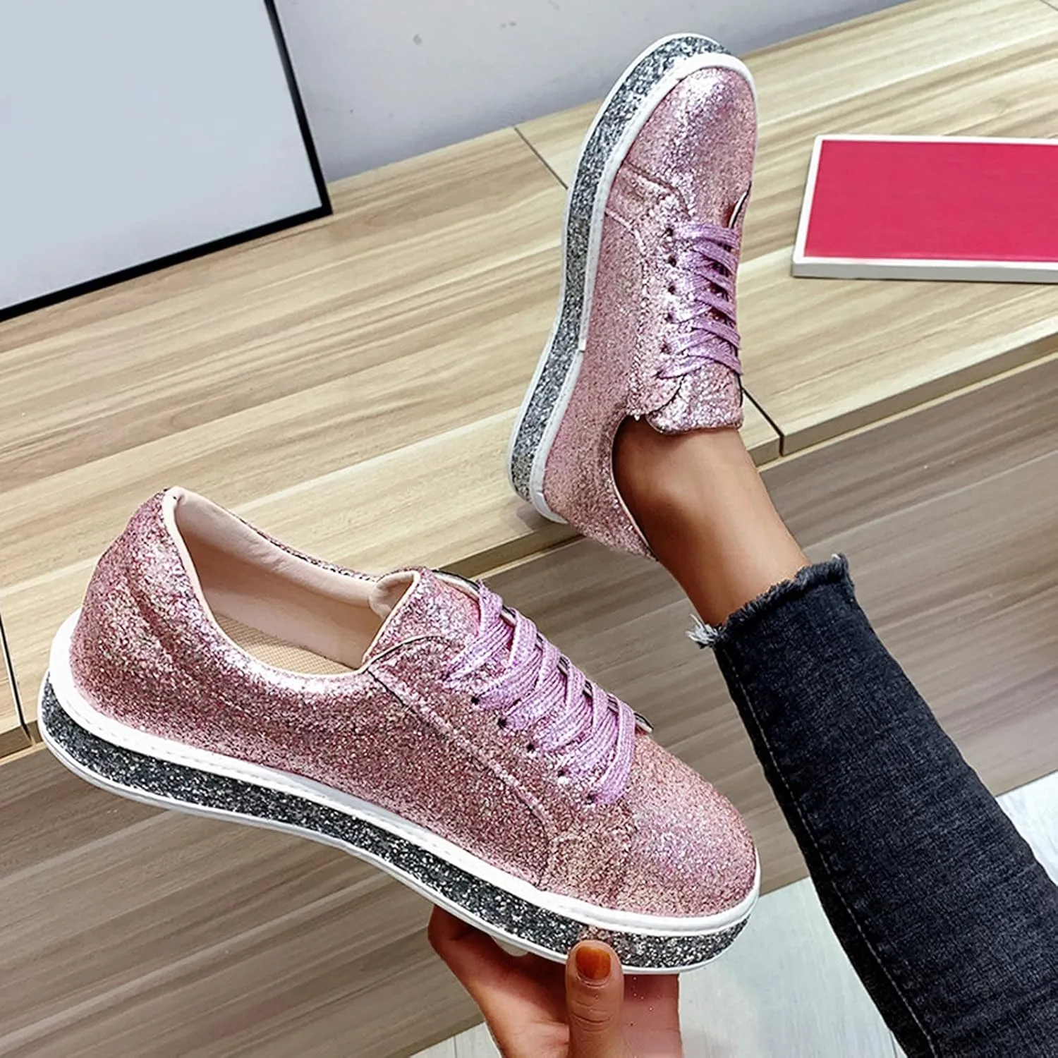 Womens All Black Platform Sneakers Walking Shoes Women Comfort Travel Sneakers Slip Ons for Women Black and Pink Womens Fashion Sneakers Size 10.5 Zapatos para Mujeres