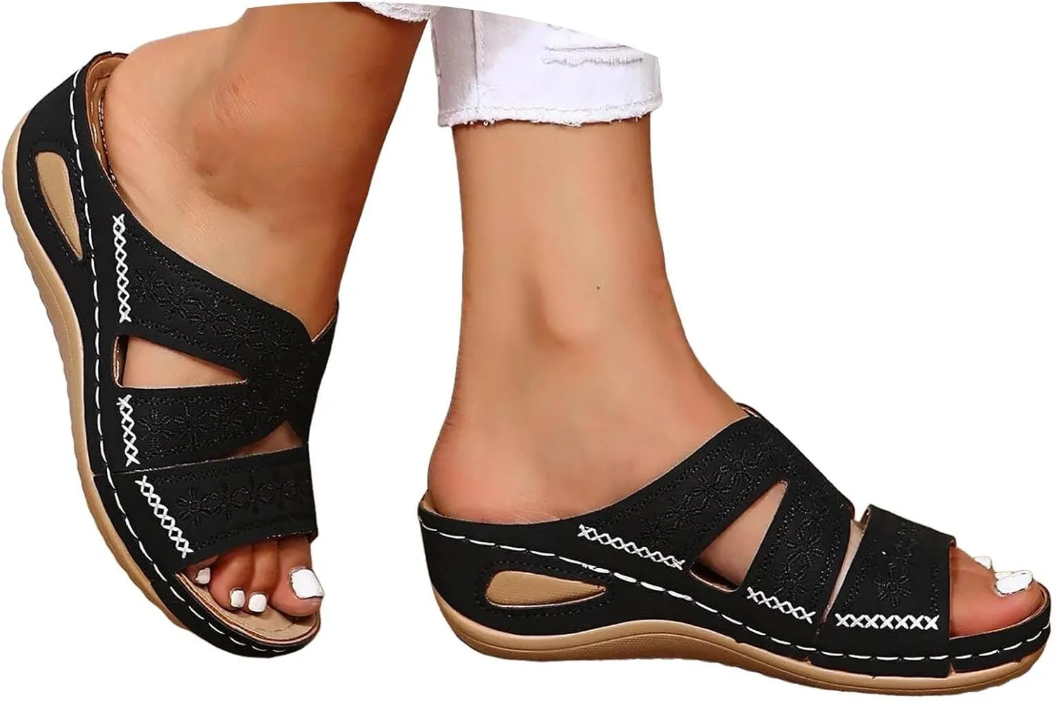 Womens Arch Support Sandals, Walking Sandals for Women Dressy Summer Comfortable Orthopedic Sandal Slip On Recovery Sandal Breathable Hollow Out Shoes Casual Slippers