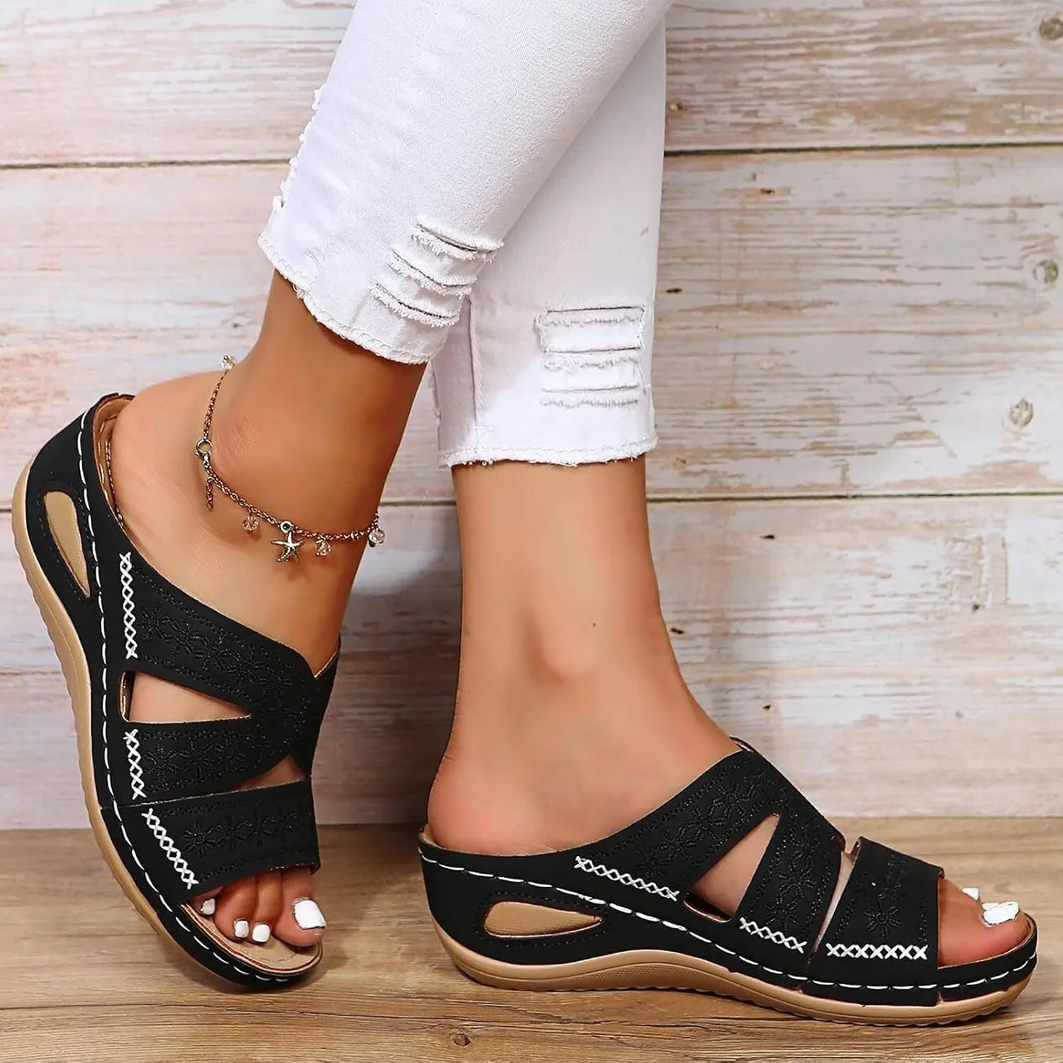 Womens Arch Support Sandals, Walking Sandals for Women Dressy Summer Comfortable Orthopedic Sandal Slip On Recovery Sandal Breathable Hollow Out Shoes Casual Slippers