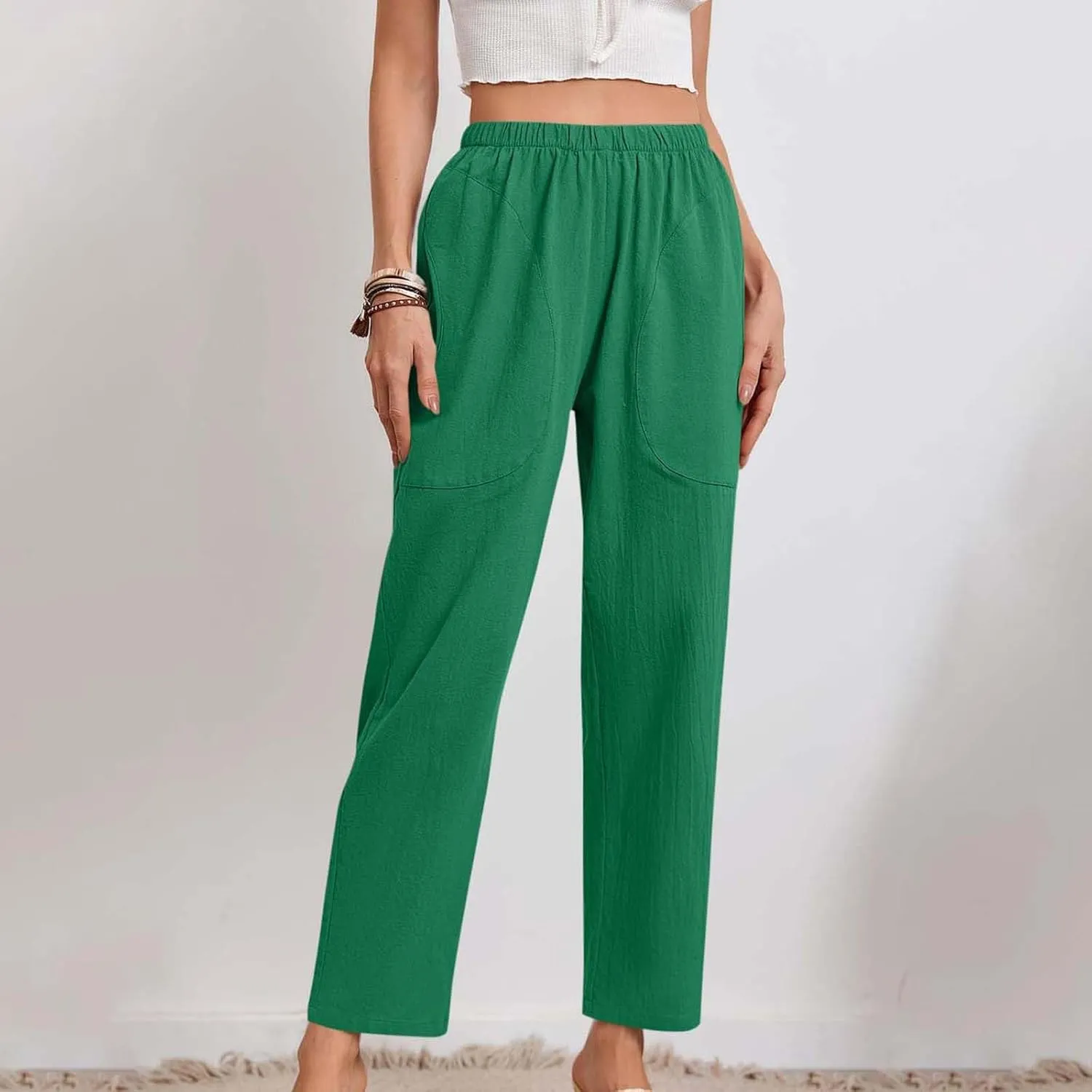 Women's Baggy Wide Leg Pants Summer Trendy Casual Clothes Loose Drawstring Elastic Waist Palazzo Pants with Pockets