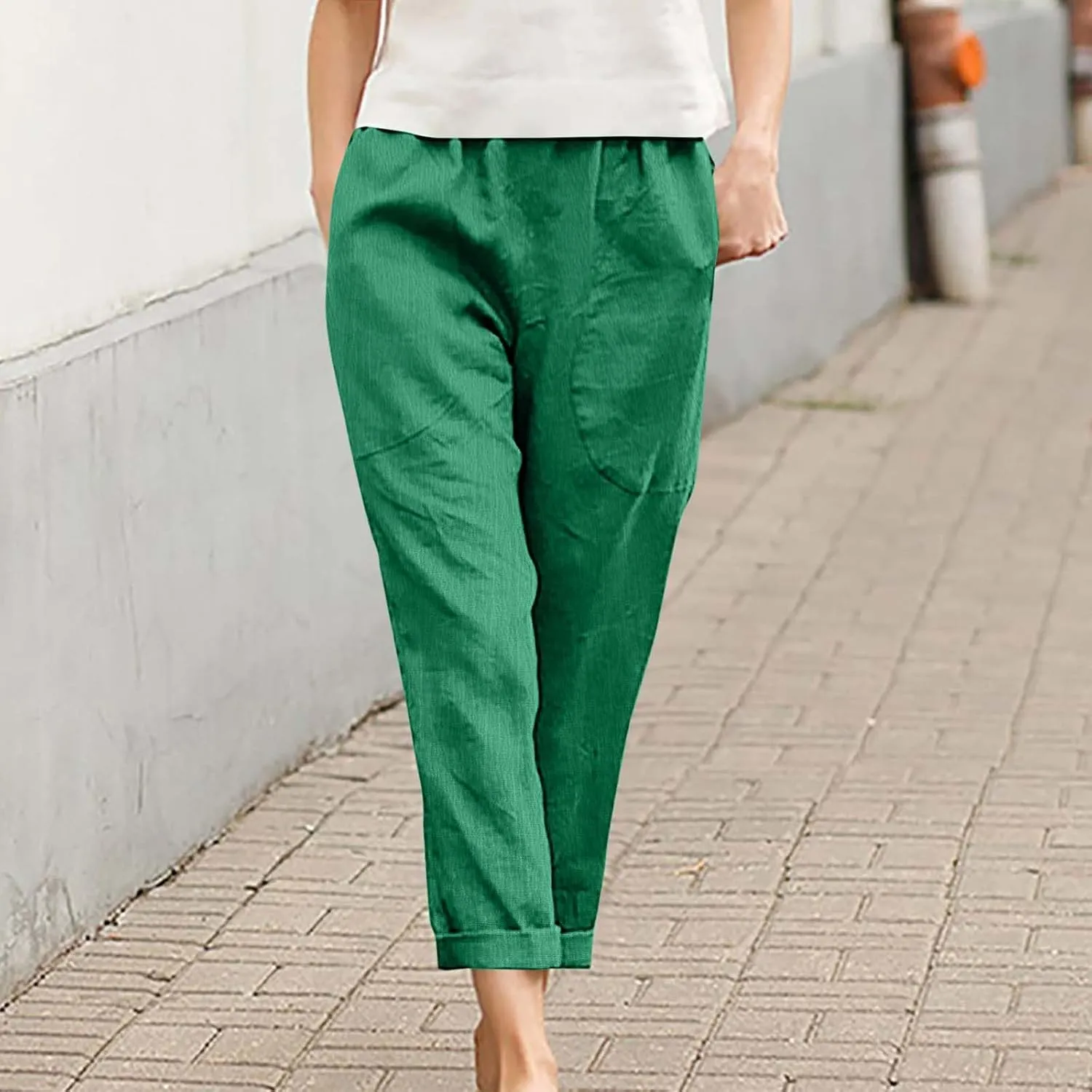 Women's Baggy Wide Leg Pants Summer Trendy Casual Clothes Loose Drawstring Elastic Waist Palazzo Pants with Pockets
