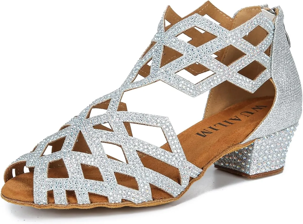 Women's Ballroom Rhinestone Dance Shoes, Latin Salsa Bachata Practice Performance Dancer Shoes
