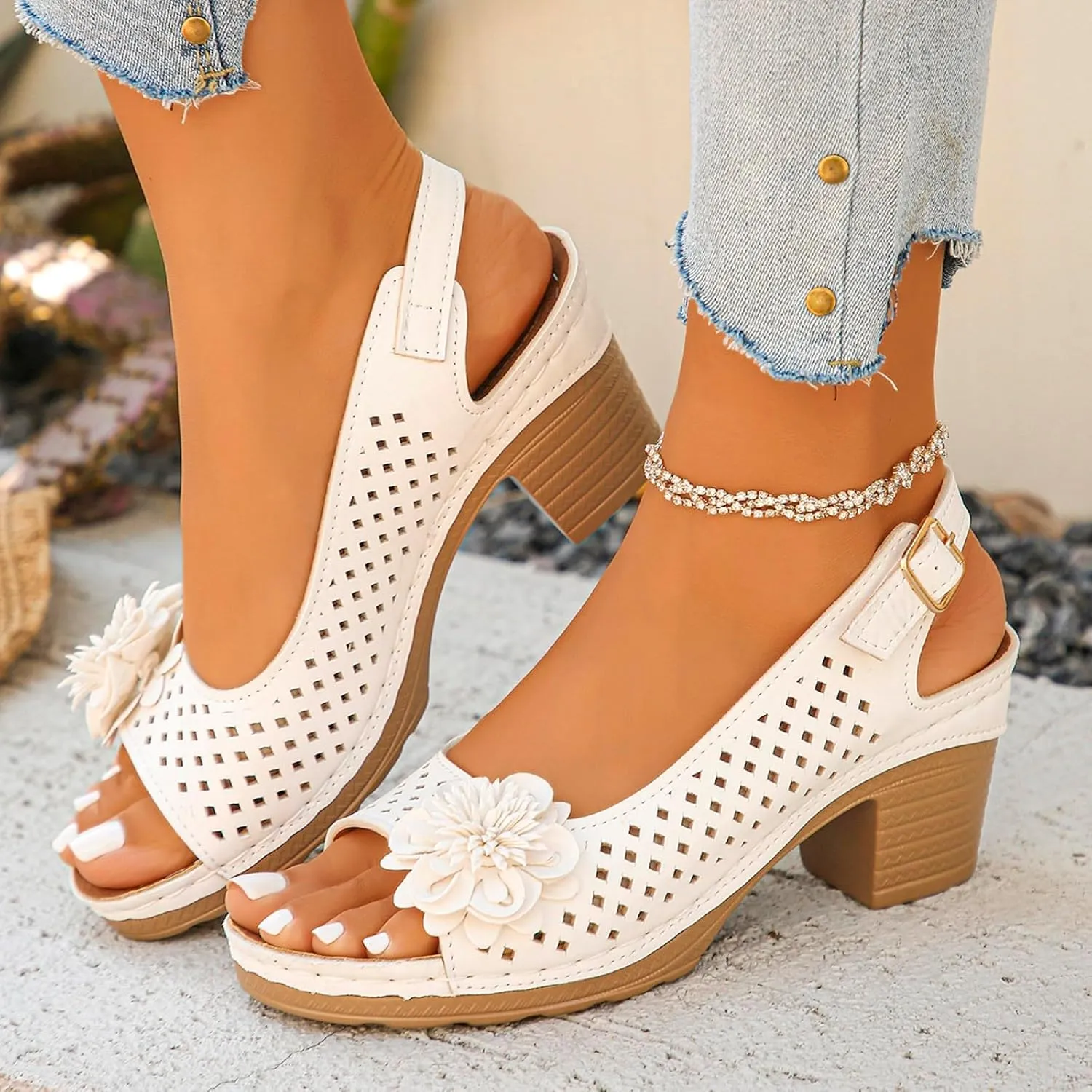 Womens Block Heel Sandals Summer Open Toe Ankle Buckle Strap Chunky Casual Platform Wedge Fashion Footwear Solid Color Sandal 2025 Dressy Wedges Hollow Out Heels Comfortable Dress Shoes