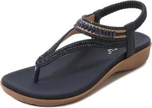 Women's Bohemian Rhinestone T-Strap Flat Sandals Summer Flipflops Embellished Beach Thong Sandal Comfort Arch Support Walking Shoes Casual Ankle Elastic with Back Strap Bling Flip Flops