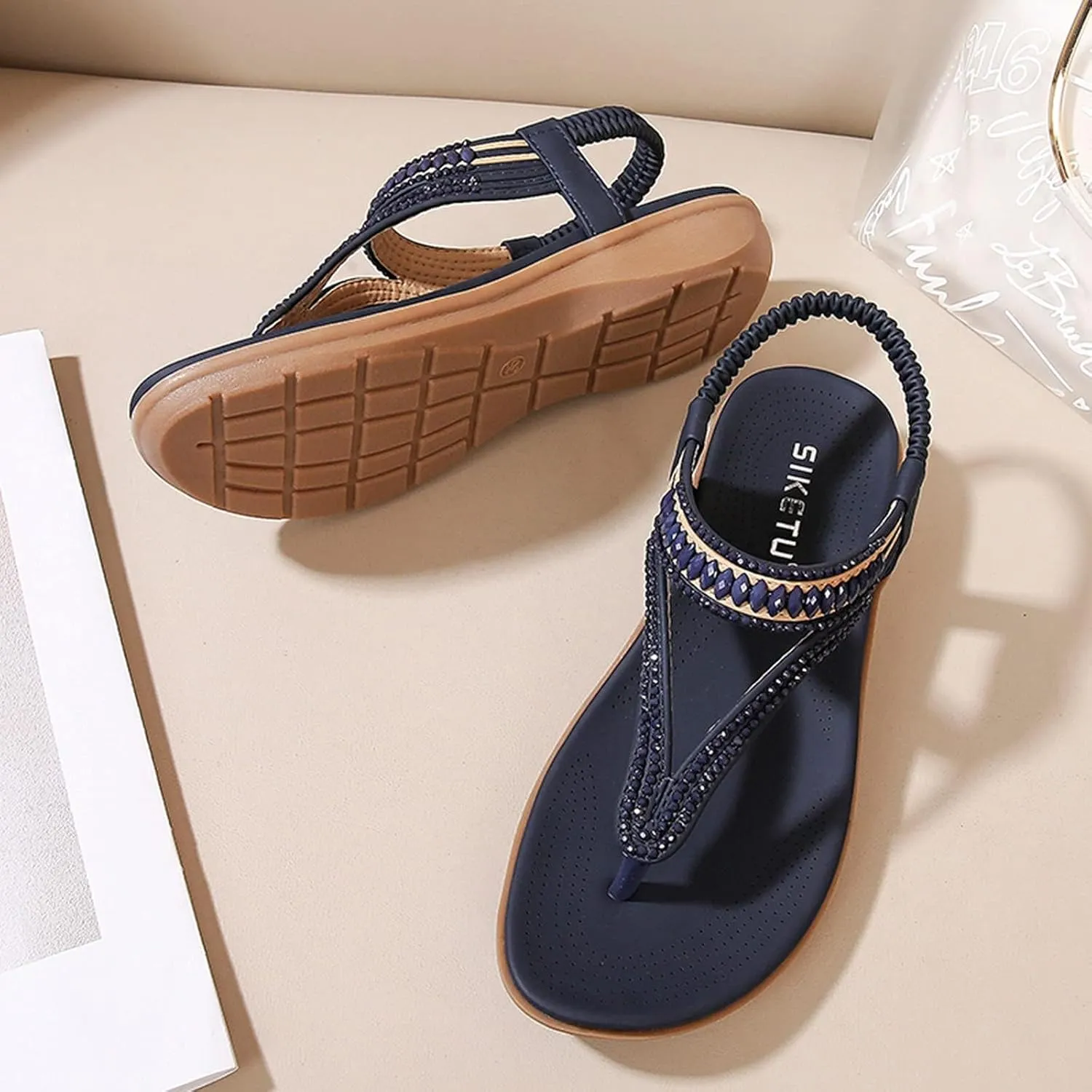 Women's Bohemian Rhinestone T-Strap Flat Sandals Summer Flipflops Embellished Beach Thong Sandal Comfort Arch Support Walking Shoes Casual Ankle Elastic with Back Strap Bling Flip Flops