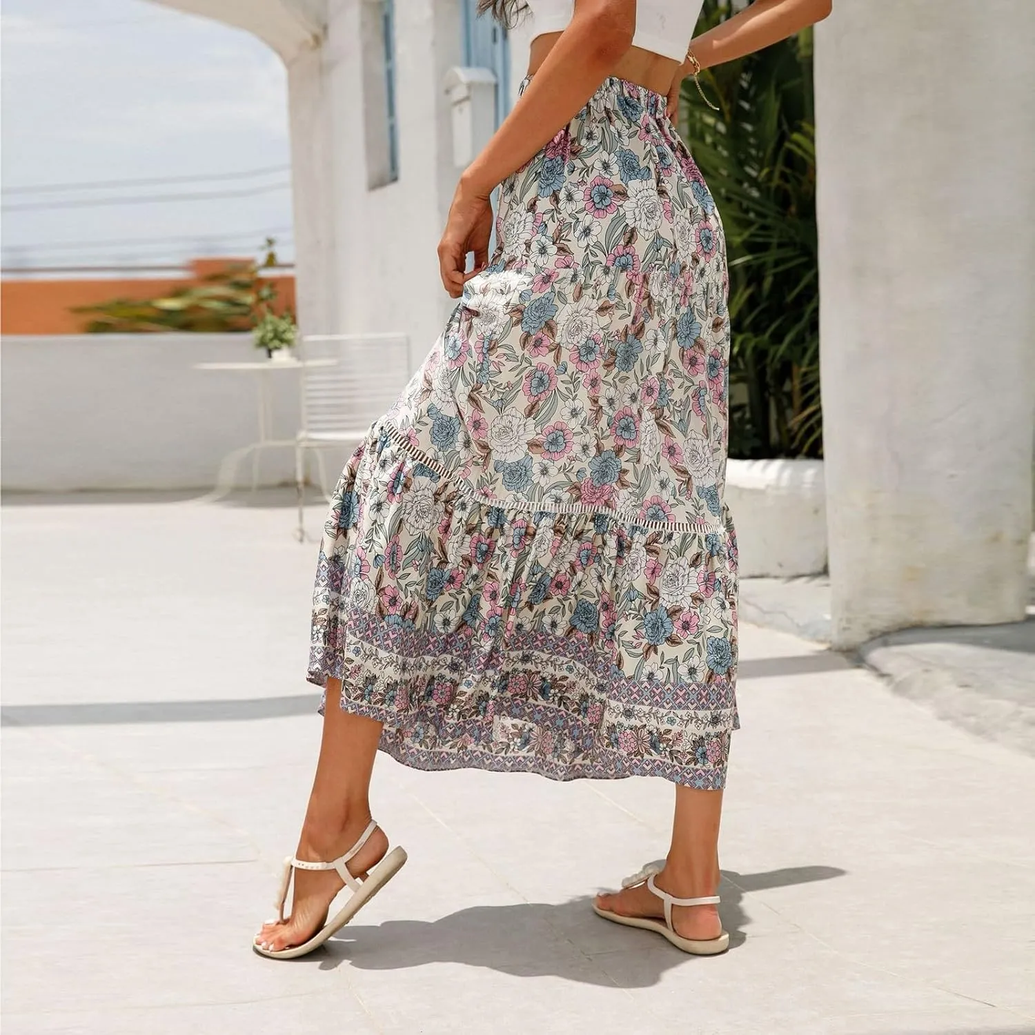 Women's Boho Floral Maxi Skirts Flowy High Waist Summer Pleated A Line Long Skirts for Women Beach Vacation Clothes for Women
